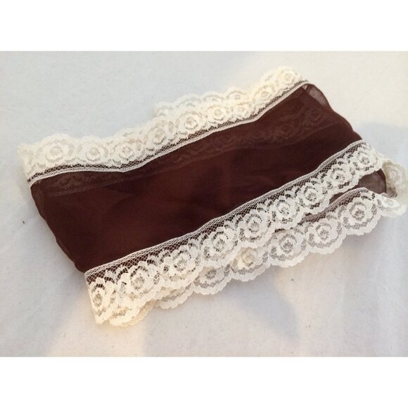 Vintage Chocolate Brown Sheer Lace Trim Scarf/Shawl With Floral Design - Picture 3 of 4